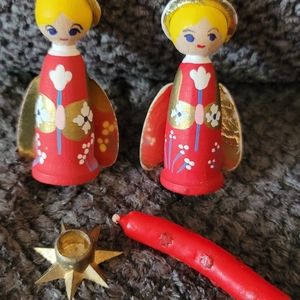 70s Handpainted Vintage Danish Angel Ornaments with Star Candle Holder
